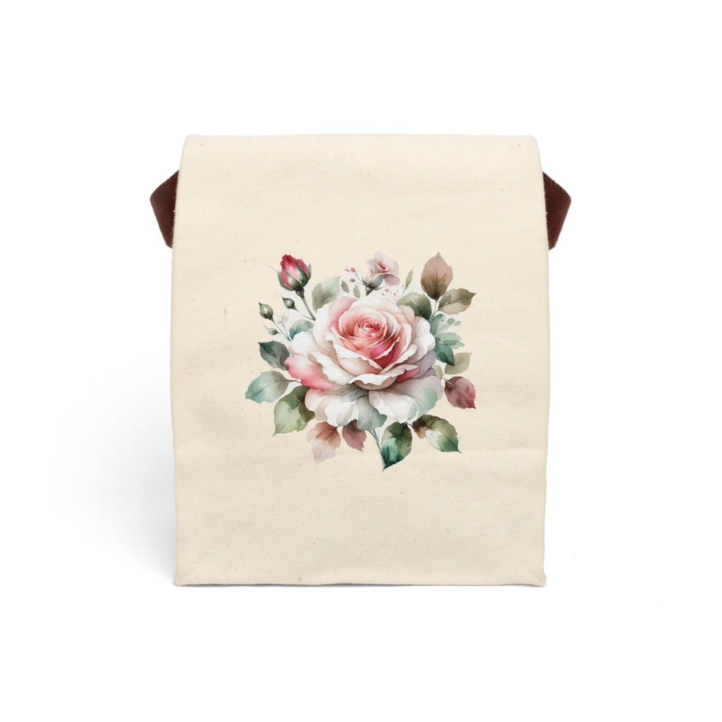 Floral Canvas Lunch Bag — Pink Rose Insulated Tote with Strap