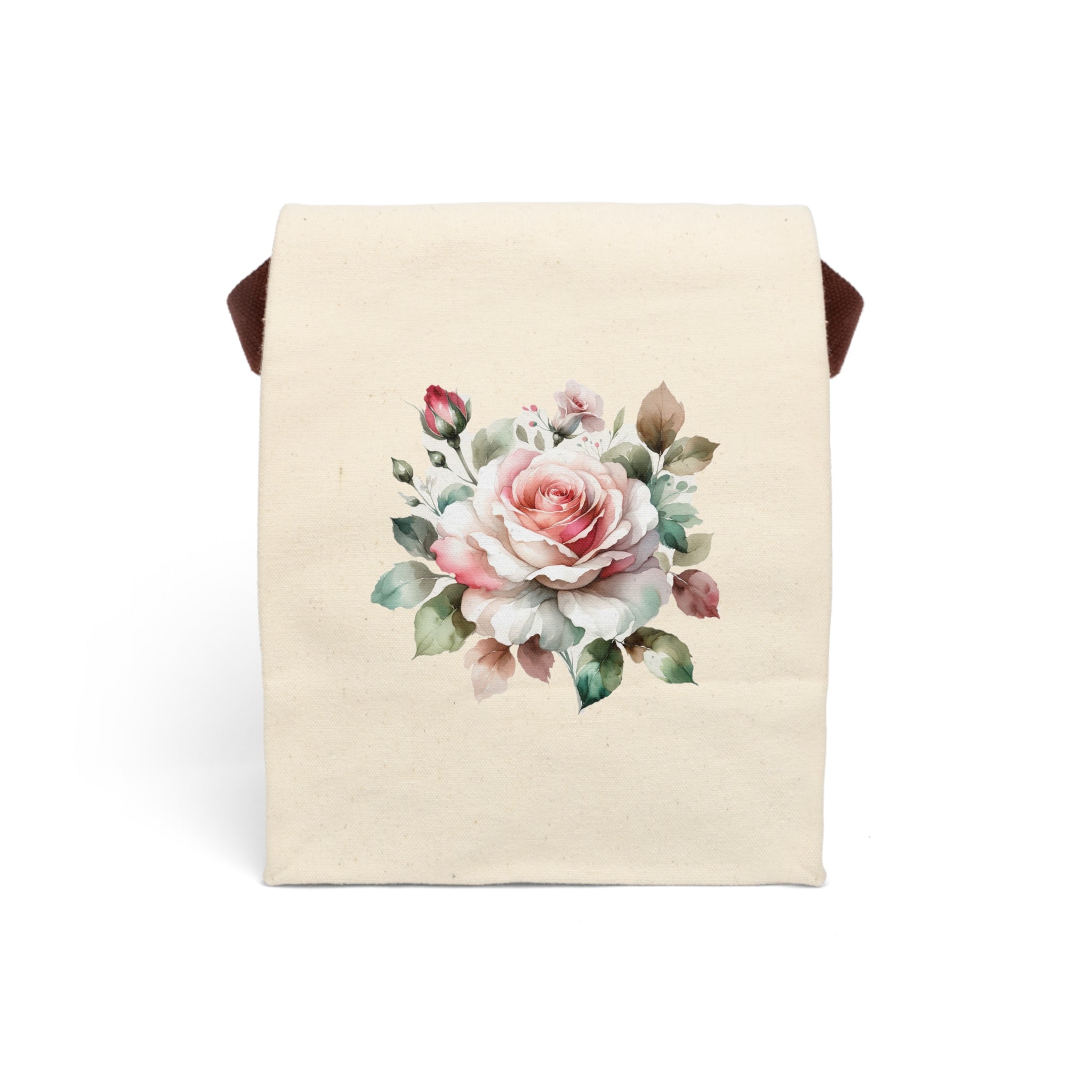 Floral Canvas Lunch Bag — Pink Rose Insulated Tote with Strap