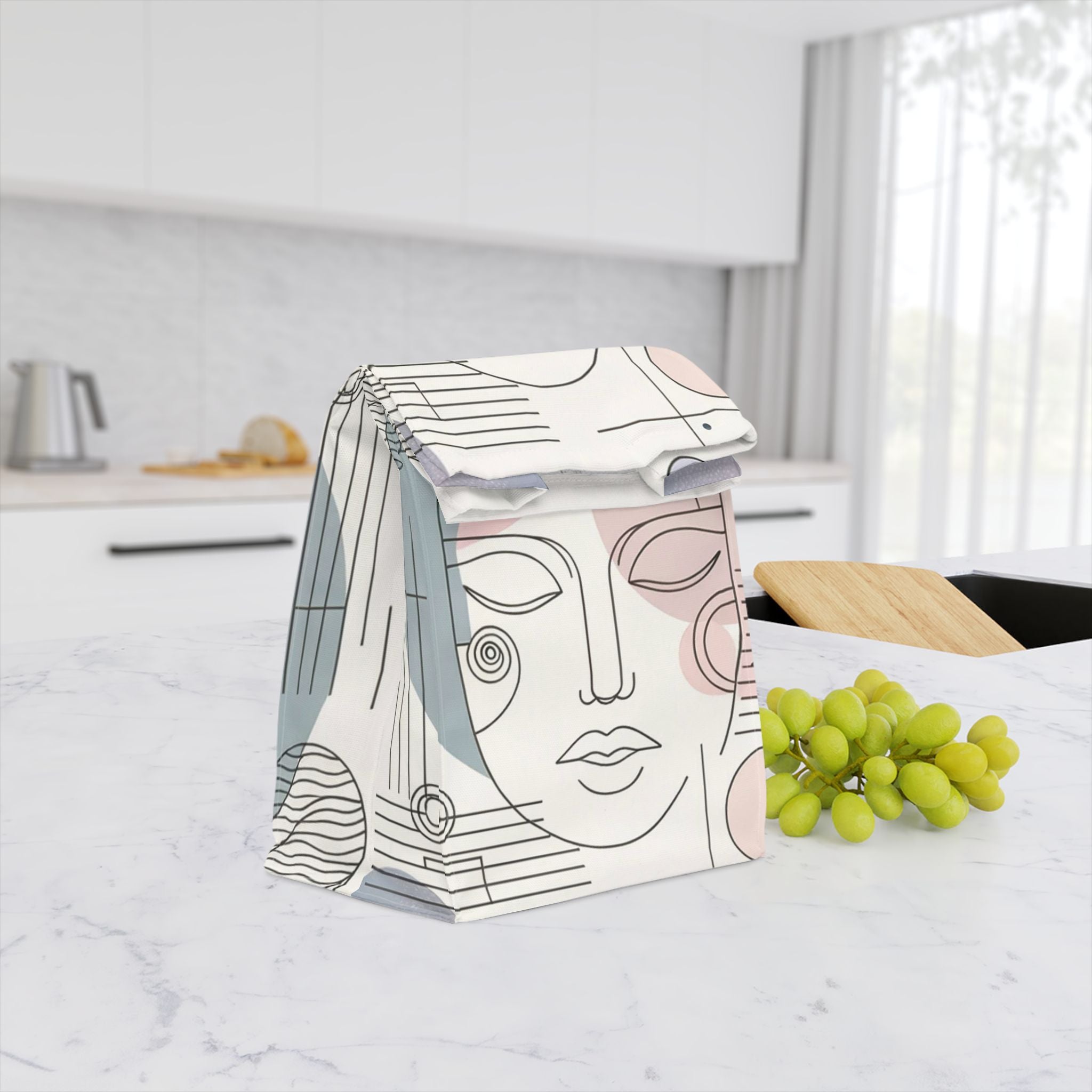 Abstract Line Art Face Lunch Bag — Minimalist Pastel Polyester Tote