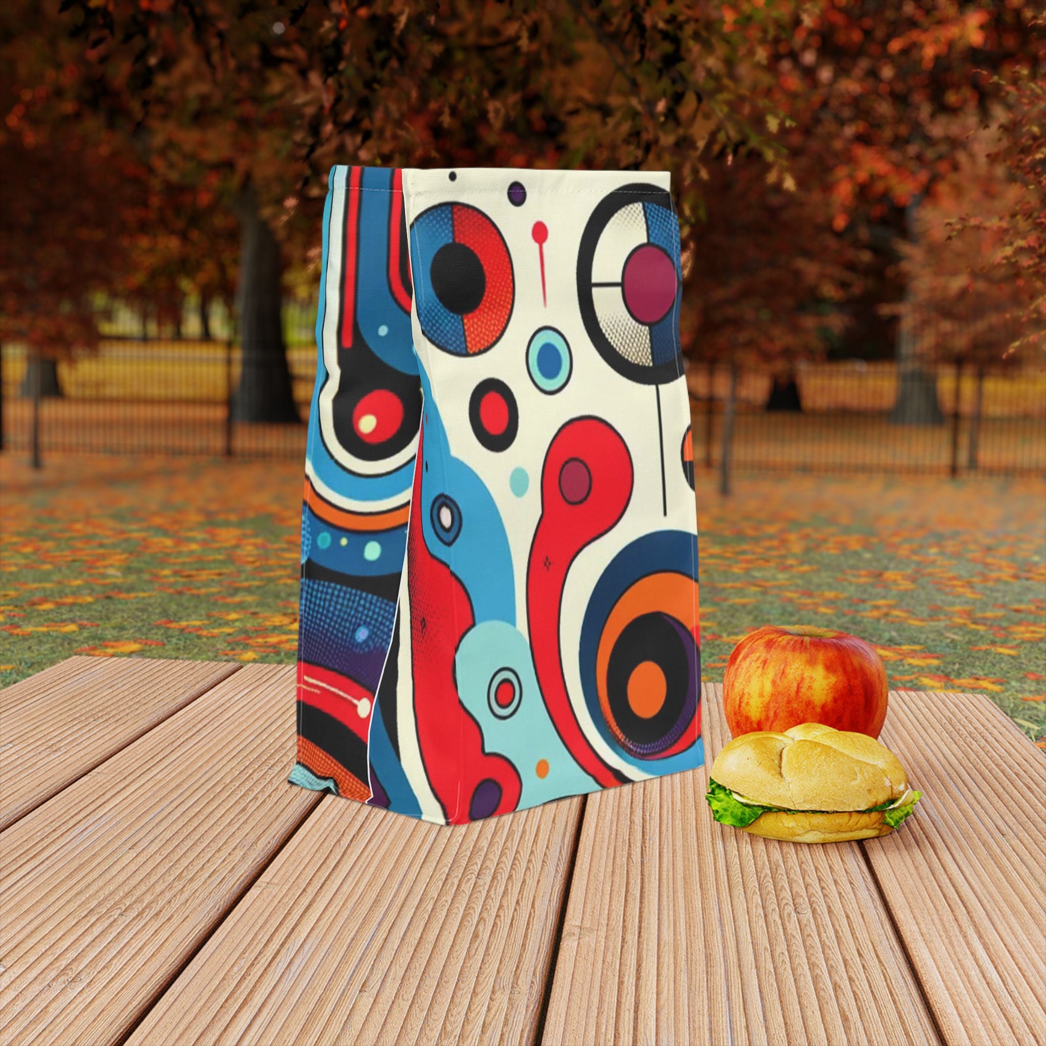 Retro Geometric Lunch Bag — Colorful Abstract Circles & Swirls Polyester Tote