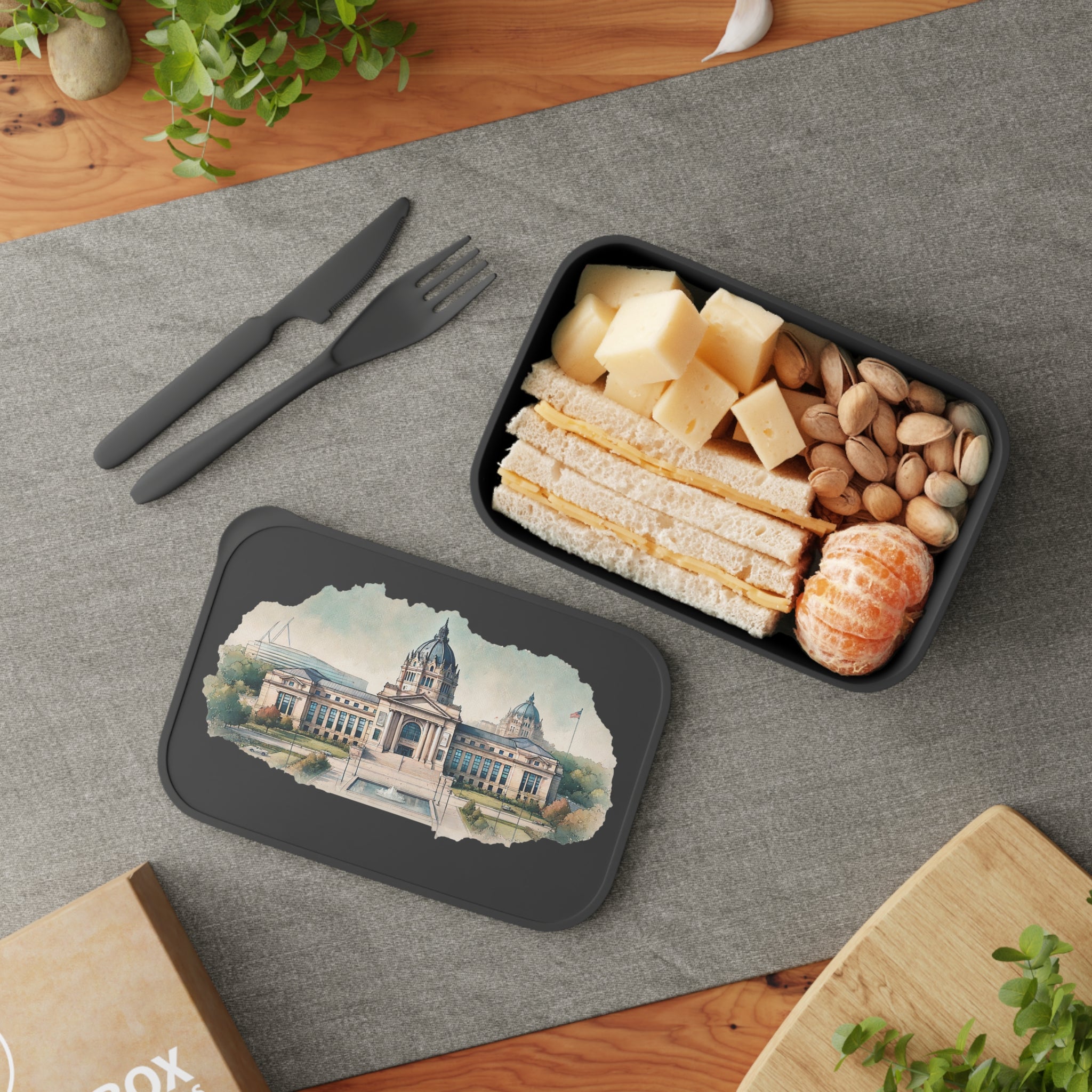 Bento Box — Vintage State Capitol Watercolor Design with Utensils