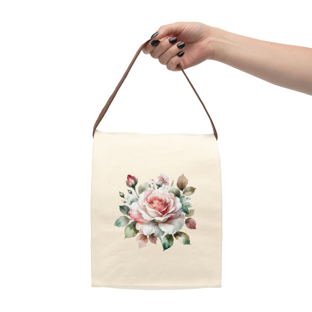 Floral Canvas Lunch Bag — Pink Rose Insulated Tote with Strap