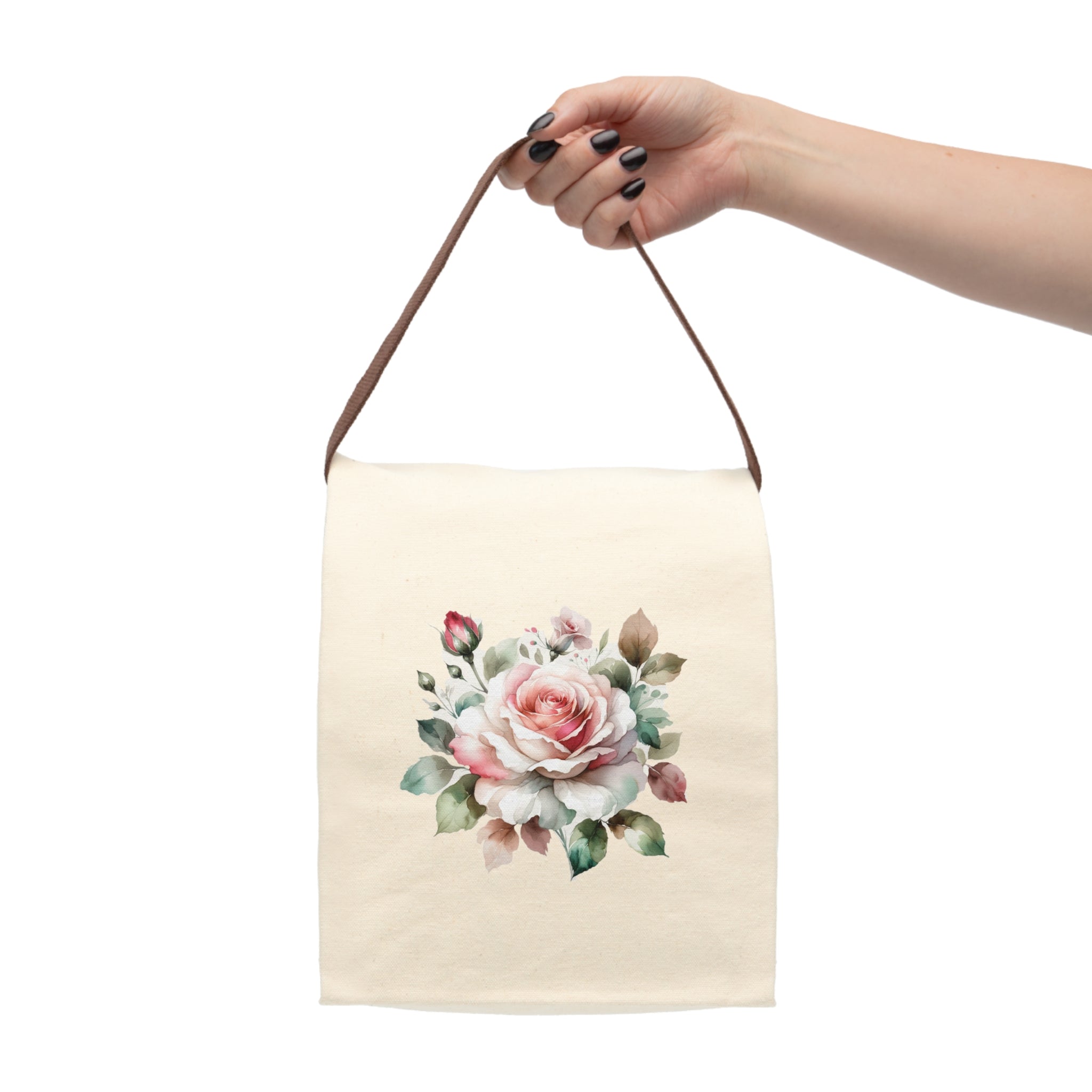 Floral Canvas Lunch Bag — Pink Rose Insulated Tote with Strap
