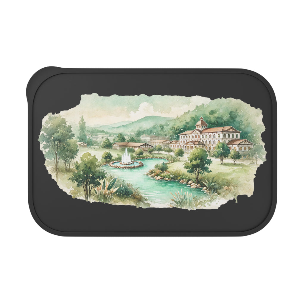 Bento Box — Scenic Watercolor Villa Lunch Container with Band & Utensils