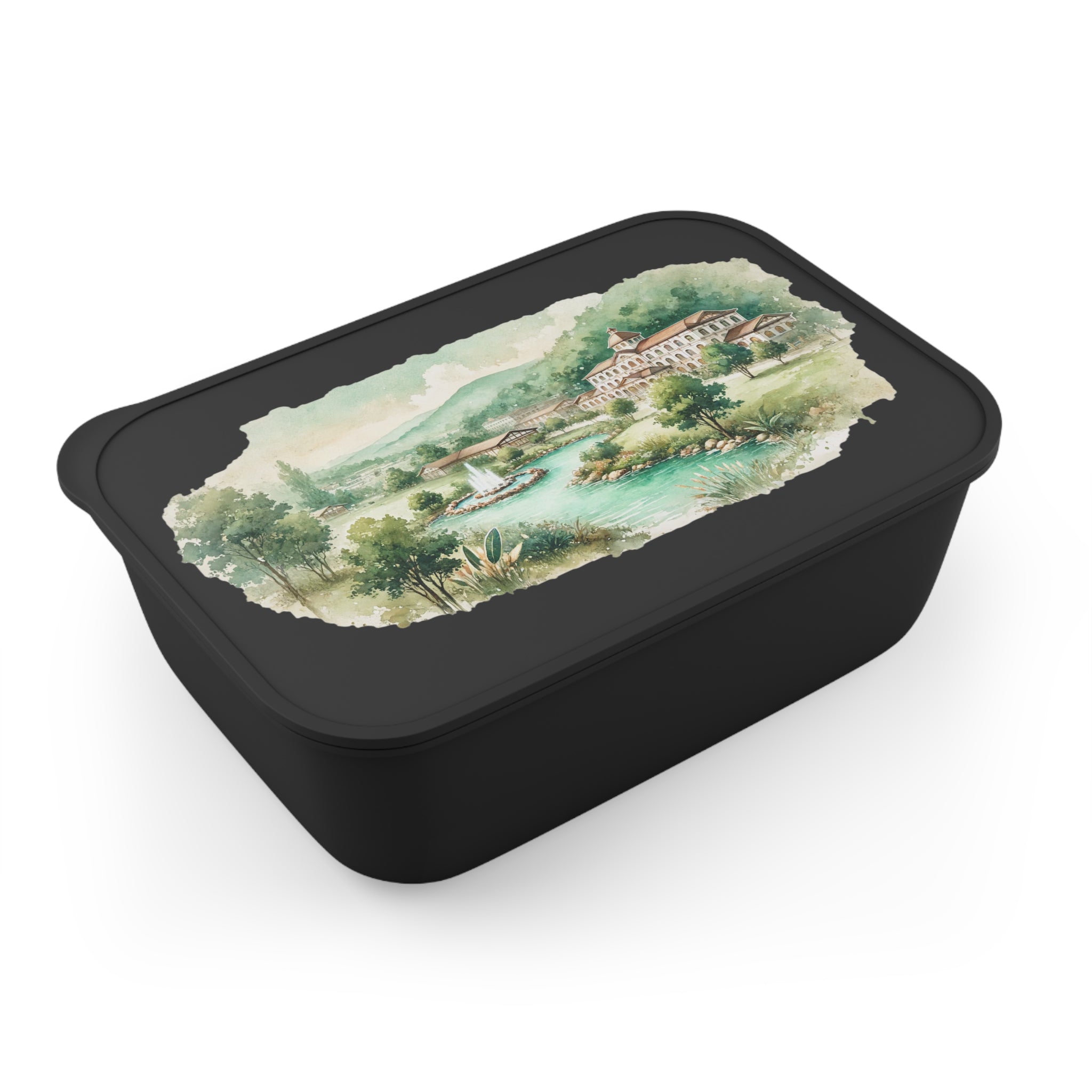 Bento Box — Scenic Watercolor Villa Lunch Container with Band & Utensils