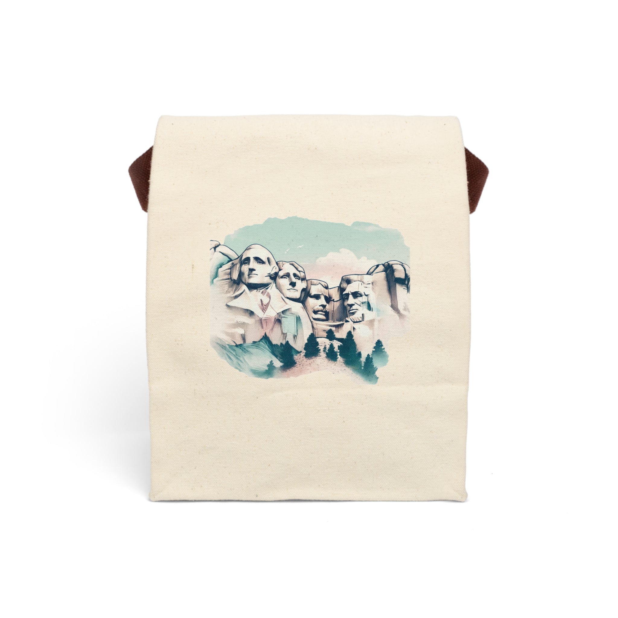 Mount Rushmore Watercolor Canvas Lunch Bag with Strap — Patriotic Travel Lunch Tote