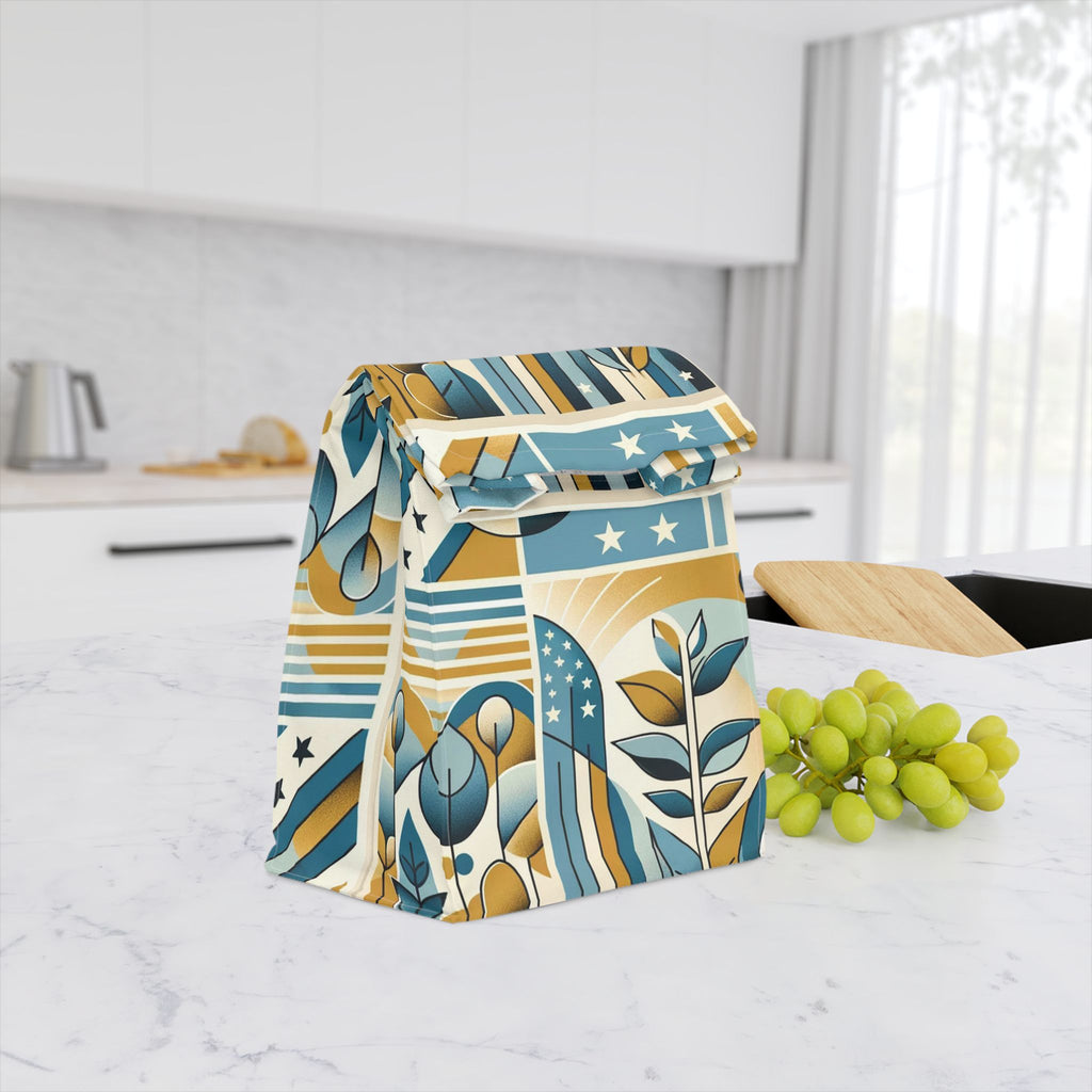Retro Botanical Lunch Bag — Geometric Sun & Stars Insulated Tote