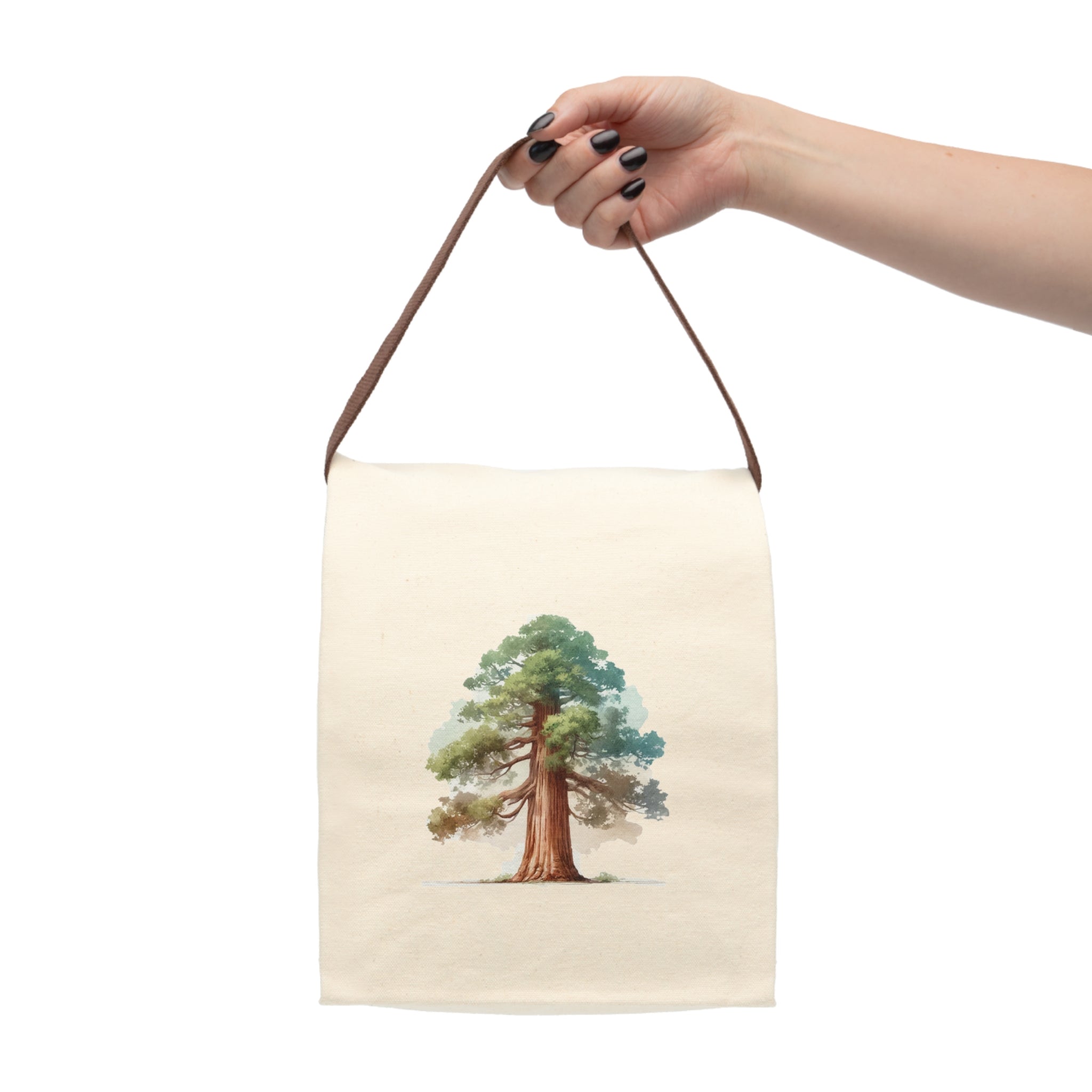 Canvas Lunch Bag — Watercolor Redwood Tree Lunch Tote with Strap