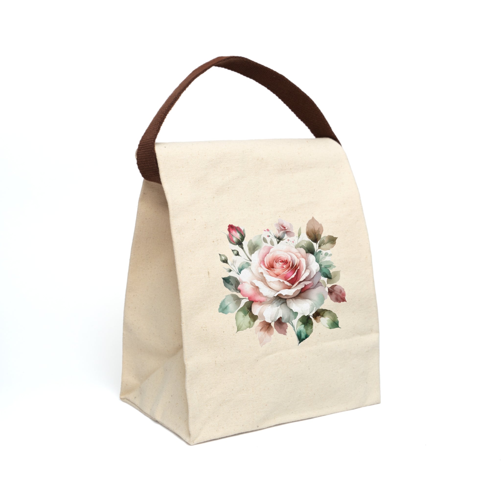 Floral Canvas Lunch Bag — Pink Rose Insulated Tote with Strap