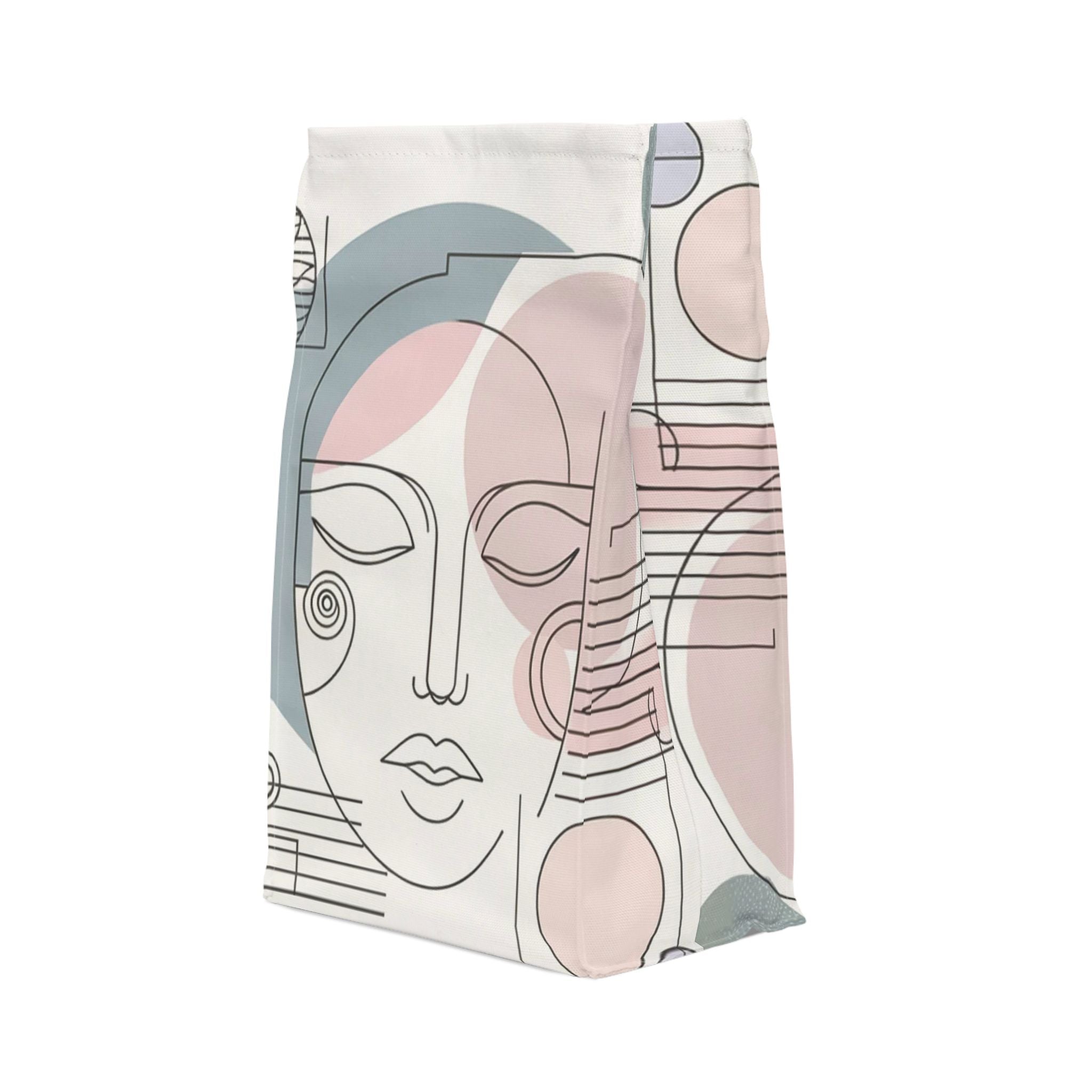 Abstract Line Art Face Lunch Bag — Minimalist Pastel Polyester Tote
