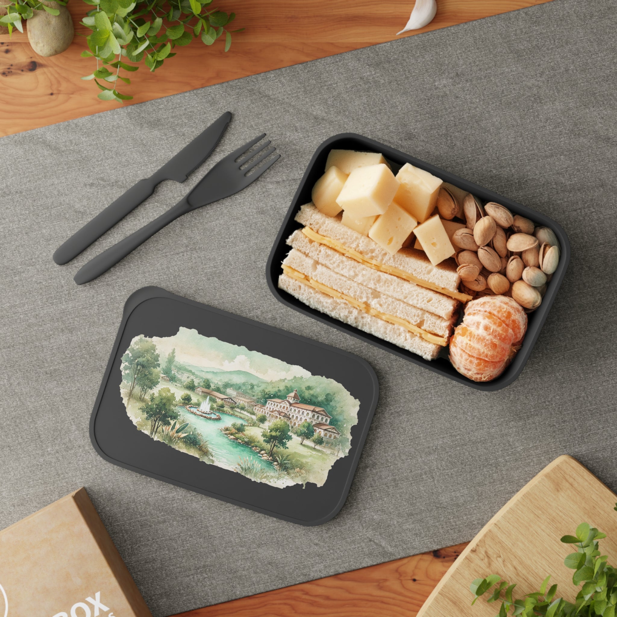 Bento Box — Scenic Watercolor Villa Lunch Container with Band & Utensils