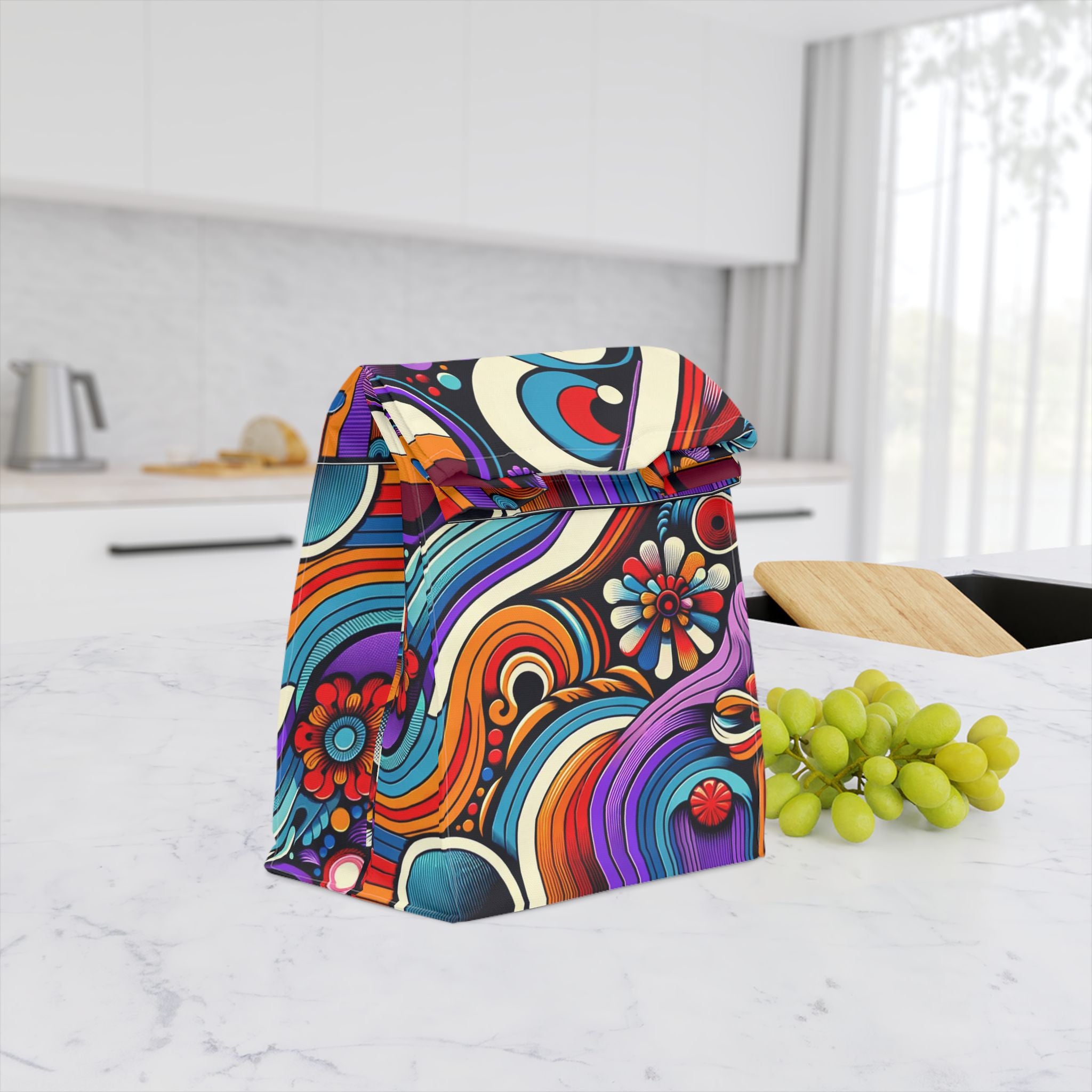 Retro Psychedelic Floral Lunch Bag — Colorful 70s-Inspired Insulated Tote
