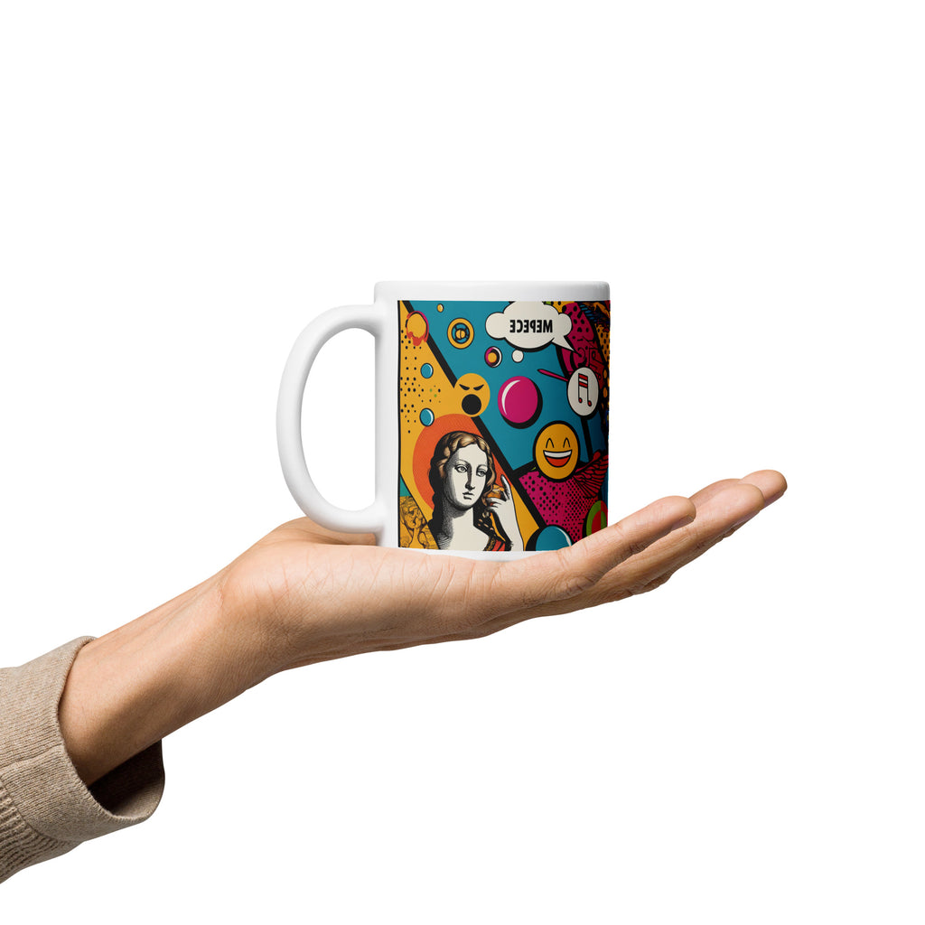 Modern Art Mug, White Glossy Ceramic Cup with Original Print - Presentyra