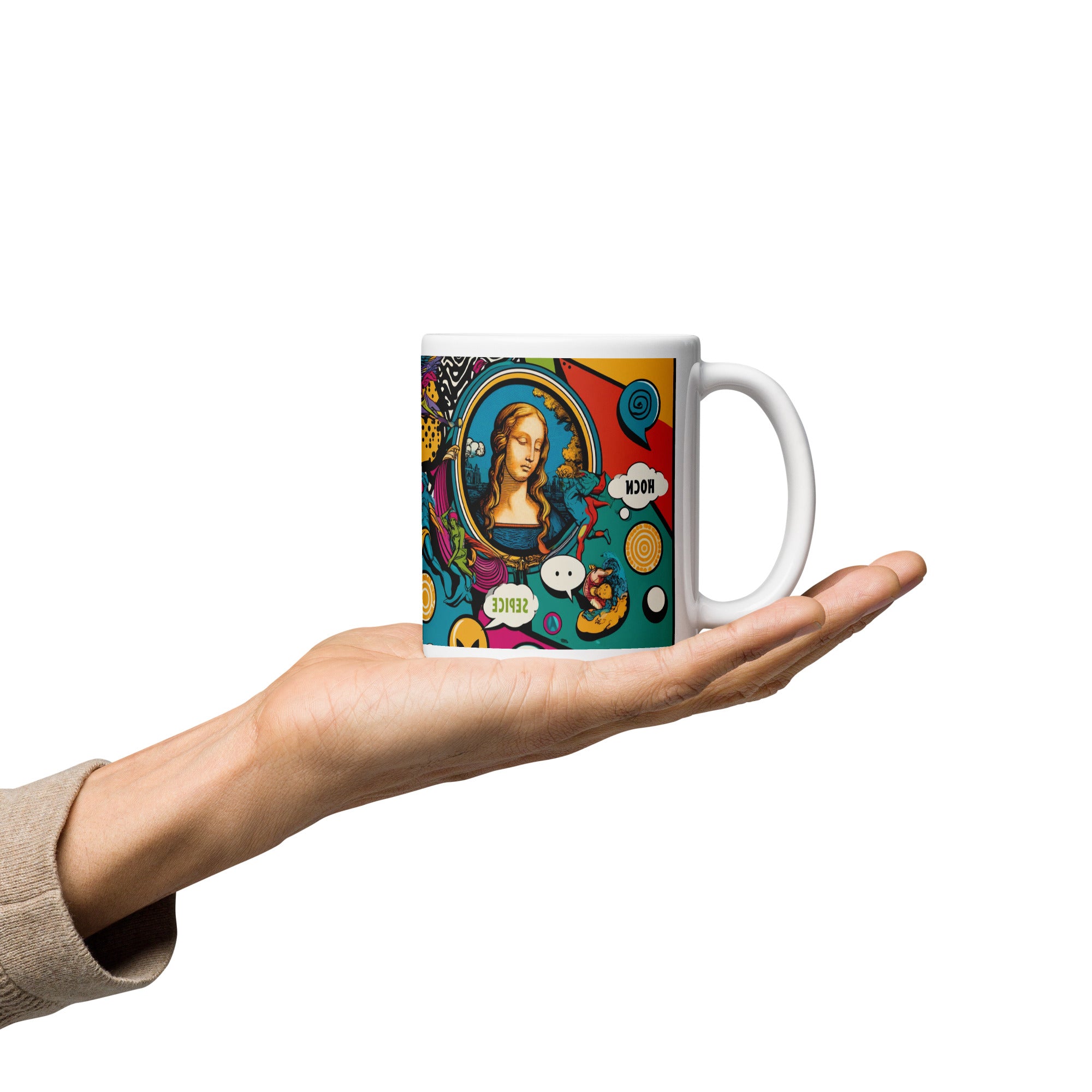 Modern Art Mug, White Glossy Ceramic Cup with Original Print - Presentyra