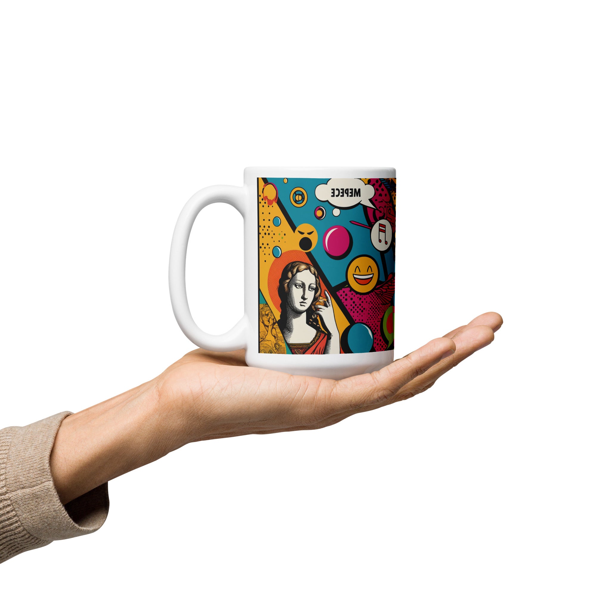 Modern Art Mug, White Glossy Ceramic Cup with Original Print - Presentyra