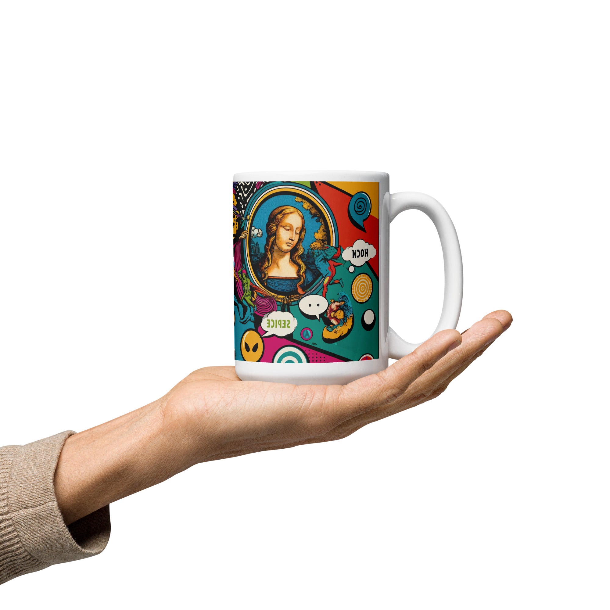 Modern Art Mug, White Glossy Ceramic Cup with Original Print - Presentyra