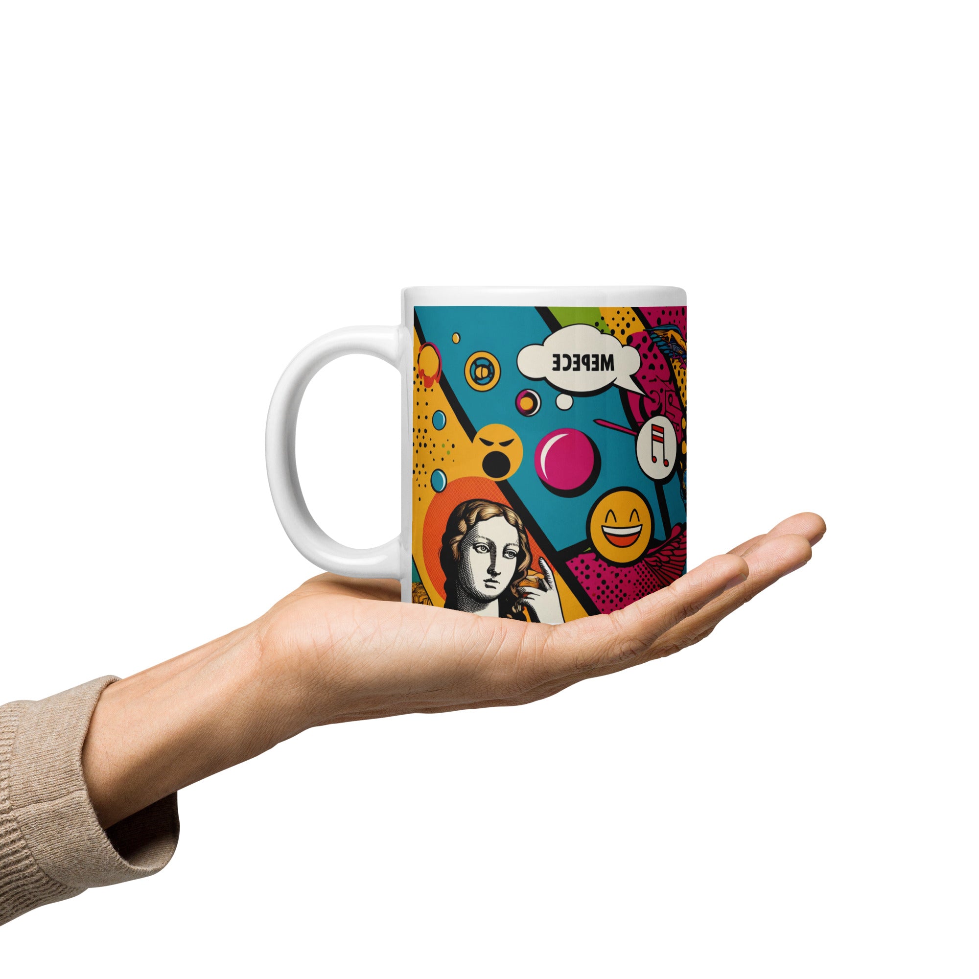 Modern Art Mug, White Glossy Ceramic Cup with Original Print - Presentyra