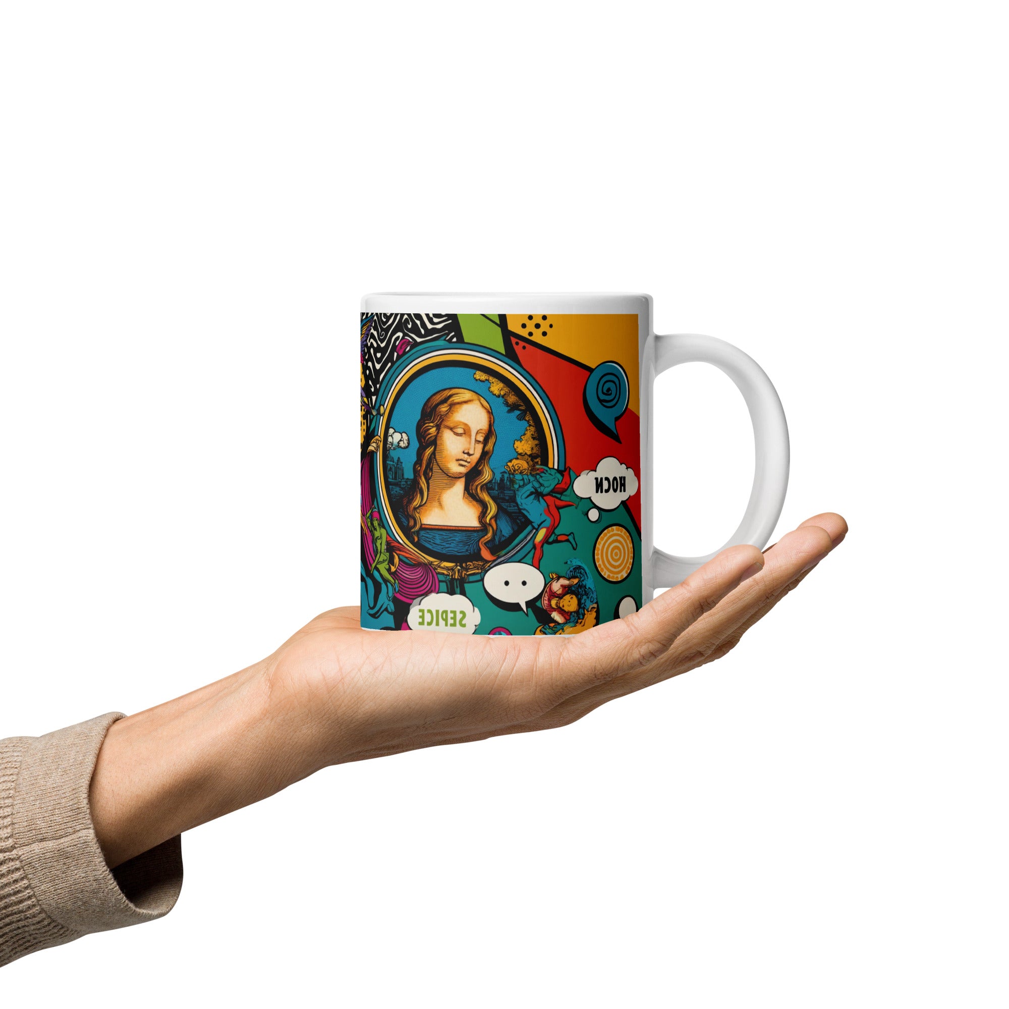 Modern Art Mug, White Glossy Ceramic Cup with Original Print - Presentyra